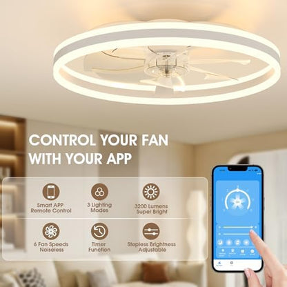 NIORSUN Ceiling Fans with Lights and Remote, 60cm Modern Smart LED Ceiling Fan Light, 6 Speeds and 3000K-6500K Dimmable Quiet Fan Lights Ceiling for Bedroom Living Room Dining Room (White)
