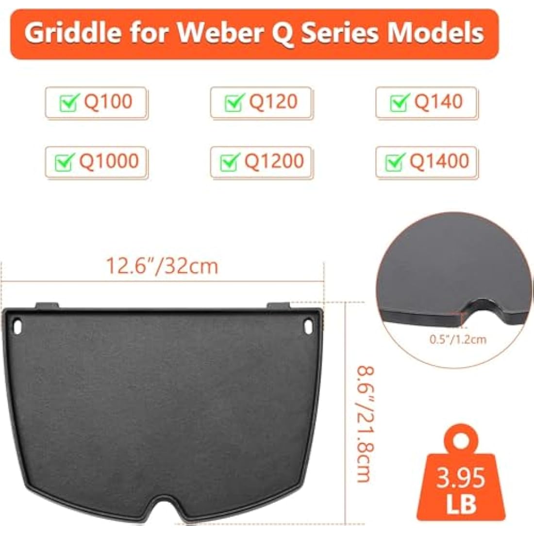 GFTIME 6558 32 x 21.8cm Cast Iron Grill Griddle for Weber Q100, Q120, Q140, Q1000, Q1200, Q1400, Baby Q Series Grills, Cooking Grillplate Accessories for Weber Q100/1000 Series Gas Grills, 1 Piece