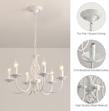 JIINOO French Country Chandeliers, 6 Light Vintage White Chandeliers Ceiling Light, Rustic Pendant Chandelier, Height Adjustable Farmhouse Pendant Light Fixture for Kitchen Dining Room Living Room
