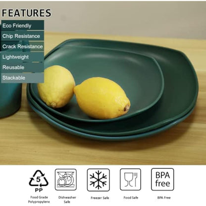 Greentainer Unbreakable Plastic Dinnerware Sets, 16 pcs Lightweight Camping Tableware Set, Microwave & Dishwasher Safe Plates Set, Bowls, Cups Mugs, Service for 4, Great for Kids & Adults - Green