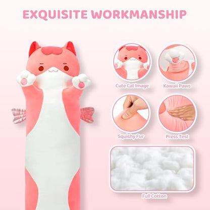 Mewaii 28in Long Cat Plush Pillows Stuffed Animals Squishy Pillows - Plushie Cute Kitty Sleeping Hugging Plush Pillow Soft Toys for Kids(Pink)