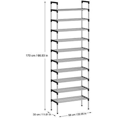 AcornFort® S-508 10 Tiers Silver Adjustable Shoe Storage Tall Rack Organiser Shelf Hold Stand for 30 Pairs Shoe, 56 x 30 x 170cm, Sturdy Design, Space Saving