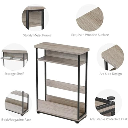 YEAKOO Narrow Side Table for Narrow and Small Spaces, Skinny Bedside Table Small Nightstand with Magazine Rack Space Saving (Oak, M)