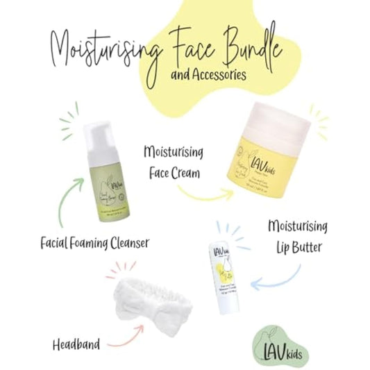 LAV Moisturising Face Care Bundle, Face Cream, Foaming Cleanser, Lip Butter with Headband and Bag (white, yellow, green)