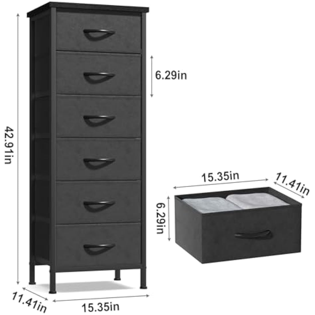 COWISH Tall Dresser with 6 Drawers, Vertical Bedside End Table and Chest of Drawers for Bedroom, Black Furniture with Fabric Drawer Nightstand Organizer Unit in Living Room, Closet, Entryway, Hallyway