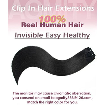 AGMITY Clip in Jet Black 16 inch 7Pcs 120g 100% Real Remy Human Hair Seamless Double Weft Straight Hair Extensions
