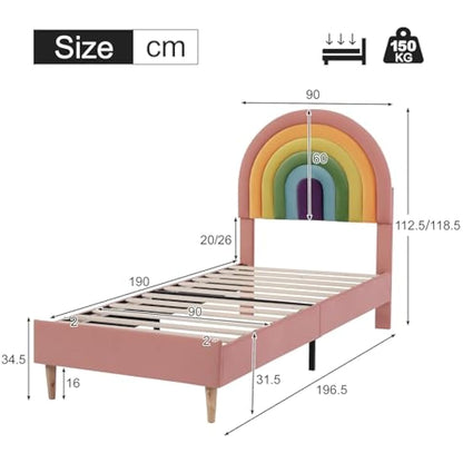 BTM Upholstered Bed 90 * 190cm, Velvet Single Bed Frame with Slatted Frame and Height-adjustable Headboard for Teenagers and Kids, Wooden Slat Support, No Mattress