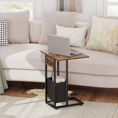 HOOBRO Bedside Table with Charging Station, C Shaped Side Table, Foldable Sofa Side Table Small Tables, 2 USB Ports and 2 AC Outlets, Laptop Table with Fabric Bag, Rustic Brown and Black EBF30KSF01