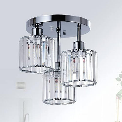 Rayofly Modern Crystal Chandeliers Ceiling Light, 3-Lights Crystal Ceiling Lights Living Room, Chrome Semi Flush Ceilings Light Fittings for Hallway, Bathroom, Bedroom, Foyer, Kitchen Light Fixture