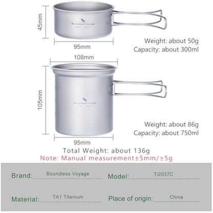 iBasingo Titanium Camping Pots Pans Set Lightweight Outdoor Backpacking Cookware with Folding Handle Compact Cooking Mess Kit Portable Travel Cookset, Rust-proof, Non-toxic