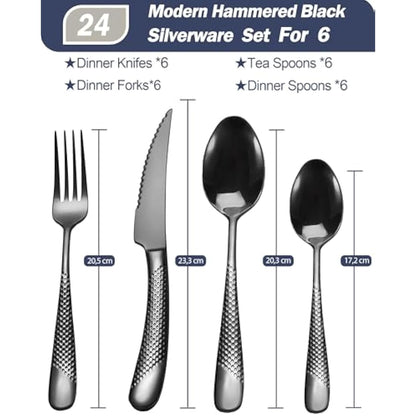 SHEUMNT 24 Pieces Modern Black Hammered Cutlery Set with Ultra Sharp 2-in-1 Serrated Knive, 18/10 Stainless Steel Silverware Set, Titanium Plated Flatware Set for 6 People, Knives Forks Spoons Set