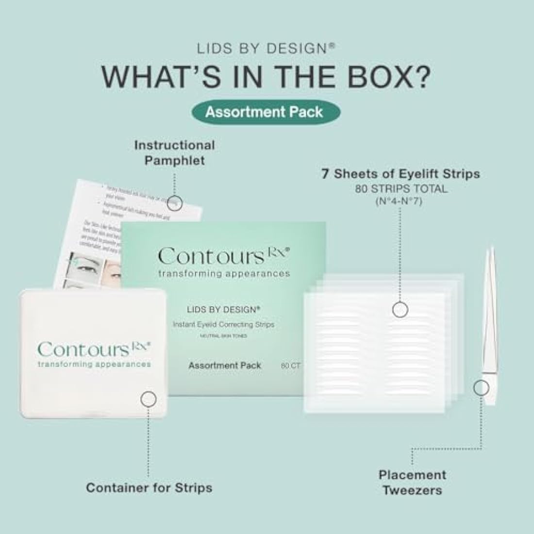 Contours Rx Lids by Design Eyelid Lift Strips with Travel Case and Tweezers - Invisible Eyelid Tape for Hooded Eyes - a Youthful-Looking Appearance - 2 Pack - 160 CT (4mm (Pack of 2))