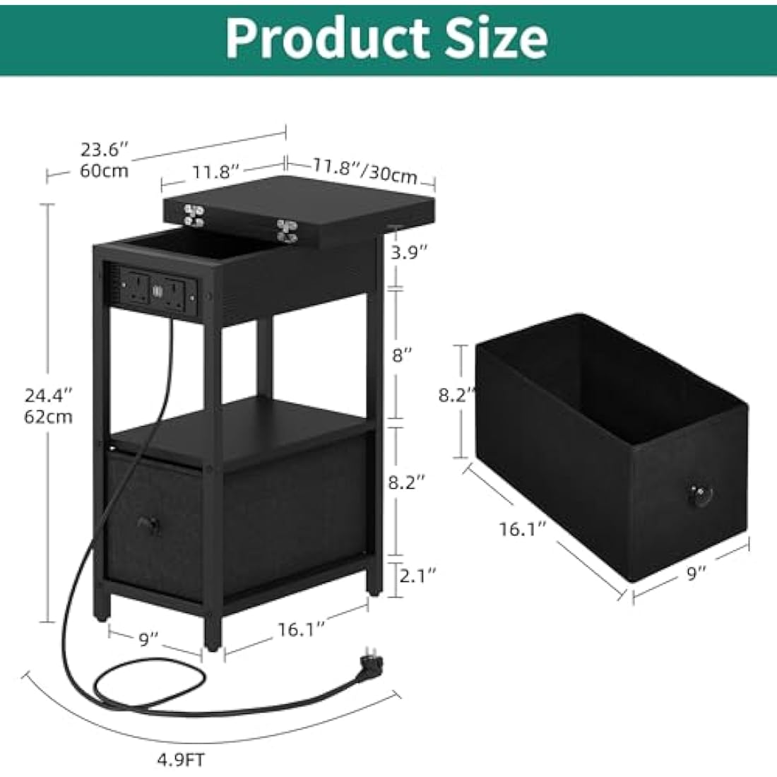 YITAHOME Narrow Side Table with Charging Station, Black Slim Side Table with Storage End Table with Drawers, Bedside Table with USB Ports Outlets Sofa Table Nightstand for Living Room, Bedroom