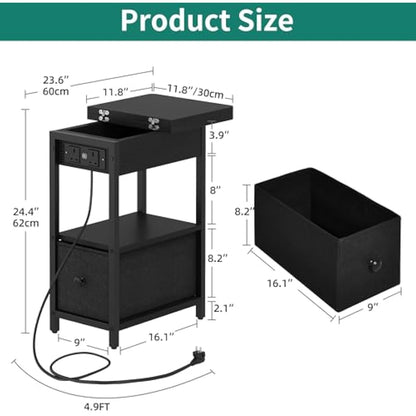 YITAHOME Narrow Side Table with Charging Station, Black Slim Side Table with Storage End Table with Drawers, Bedside Table with USB Ports Outlets Sofa Table Nightstand for Living Room, Bedroom