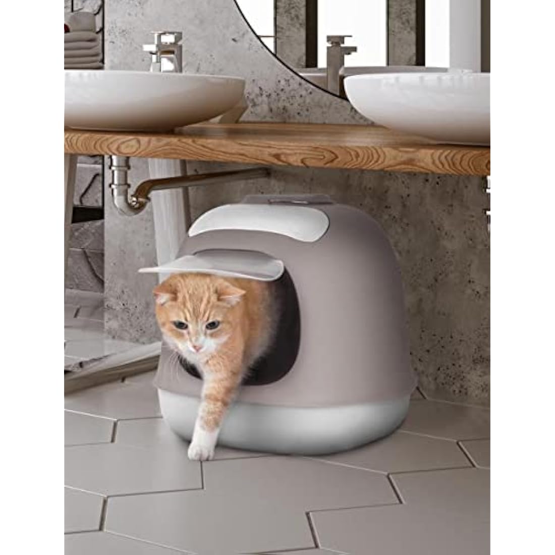 UNITED PETS Minù Katzentoilette/Katzentoilette, Design, Made in Italy, with Schaufel and Filter, White with Taupe-Grey Accent, Closed Hygienic Cat Litter Box