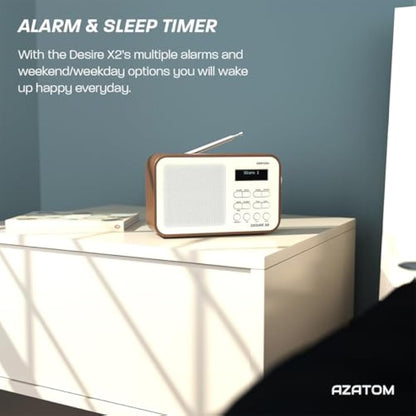 DAB/DAB+ & FM Portable Digital Radio | Simple Controls | Dual Alarms & Sleep Timer | Battery & Mains Powered (4x”AA”) | Bluetooth | Perfect for Home, Office or Outdoors | AZATOM Desire X2 (Walnut)