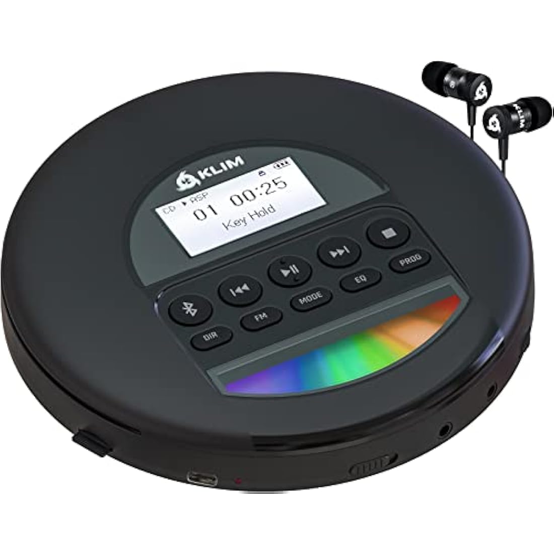 KLIM Nomad - Portable CD Player with Long-Lasting Battery - with Headphones - Radio FM - Compatible MP3 CD Player Portable - TF Card Radio FM Bluetooth - Ideal for Cars - Black