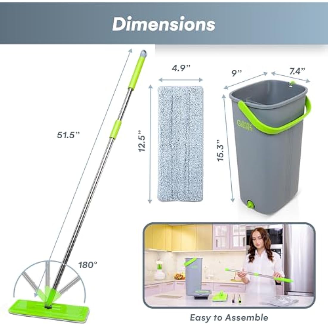 Mop and Bucket Set - Easy Gleam Floor Flat Mop with 2-Chamber Bucket - Microfibre Pads and Stainless Steel Handle - Compact and Lightweight for Efficient Cleaning - Green