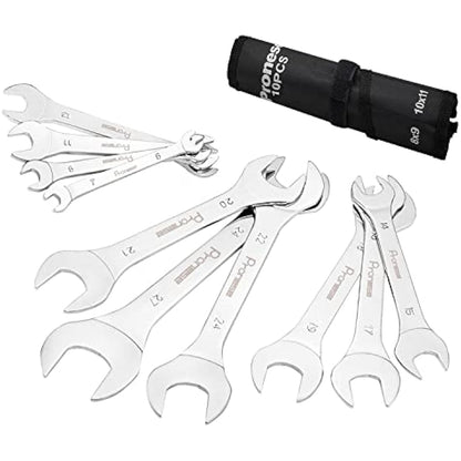 Pronese 10 Pack Super-Thin Open End Wrench Set,Carbon Steel with Mirror Polish,Metric,Including 6~27mm, Placed in A Rolling Pouch