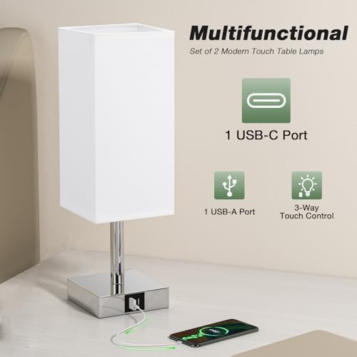 Aooshine Bedside Lamps Set of 2, Touch Lamps Bedside with USB-C+A Charging Ports, Table Lamp with 3-Way Dimmable, Small Table Lamps for Bedroom with White Fabric Shade(Bulbs Included)