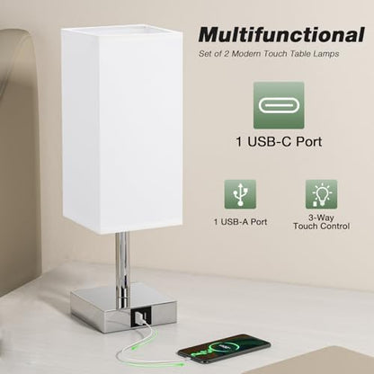 Aooshine Bedside Lamps Set of 2, Touch Lamps Bedside with USB-C+A Charging Ports, Table Lamp with 3-Way Dimmable, Small Table Lamps for Bedroom with White Fabric Shade(Bulbs Included)