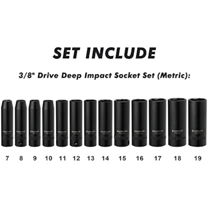 CASOMAN 3/8-Inch Drive Impact Socket Set, 6-Point, Metric, Deep, CR-V, 7mm to 19mm, 13 Piece Set
