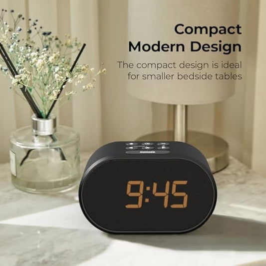 i-box Alarm Clocks Bedside, Radio Alarm Clock, Mains Powered or Battery, FM Radio, USB Charging Port, 5 Step Dimmable Display, Non Ticking, LED Display (Black)