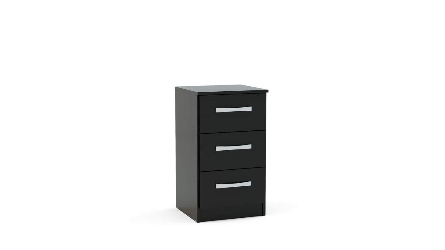 Birlea Lynx 3-Drawer Bedside Table - High-Gloss, Black