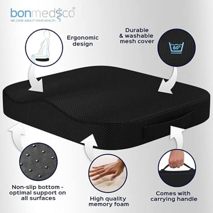 bonmedico Memory Foam Seat Cushion for Office Chair - Non-Slip, Seat Pads for Coccyx Pain Relief to Support Standing - Portable Car Seat Cushion w/Handle for Lower Back Support