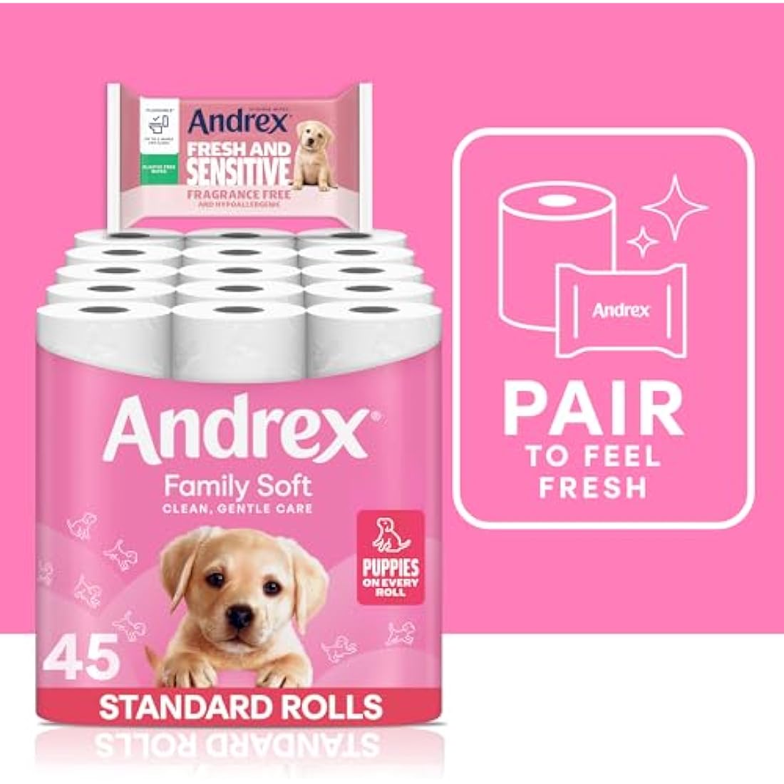 Andrex Family Soft Toilet Tissue 45 Rolls (Previously Andrex Gentle Clean) Gentle on your Family’s skin– Bulk Pack of 45 Toilet Rolls, FSC Certified