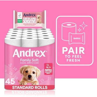 Andrex Family Soft Toilet Tissue 45 Rolls (Previously Andrex Gentle Clean) Gentle on your Family’s skin– Bulk Pack of 45 Toilet Rolls, FSC Certified