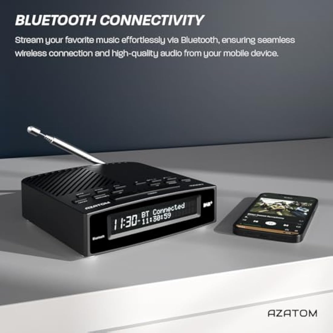 AZATOM Horizon 2 Black DAB+ & FM Radio, Dual Alarm Clock, Bluetooth, USB Mobile Charger, Mains & Battery Powered, Headphone Aux Input