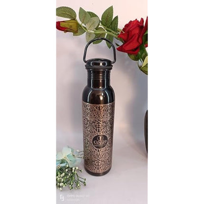 Cop29 Handcrafted Engraved Premium Design Pure Copper Tulip Antique Water Bottle with Handle : Joint Free & Leak Proof -900ml/30oz