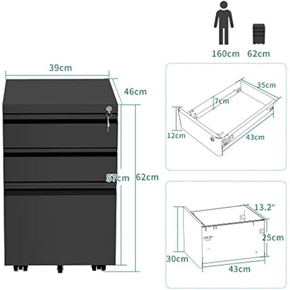 YITAHOME 3-Drawers Lockable File Cabinet for Letter/legal/A4 Size, Home Office Mobile Filing Cabinet with Wheel, Anti-tipping Under Desk File Storage Cabinets, Fully Assembled, Black, 46 x 39 x 62cm