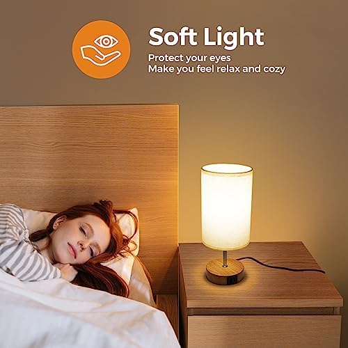 Suright Bedside Lamps Set of 2, Touch Lamps Bedside with USB A+C Charging Ports, 3-Way Dimmable Table Lamp with Linen Fabric Shade, Small Table Lamp for Bedroom Living Room (LED Bulb Included)