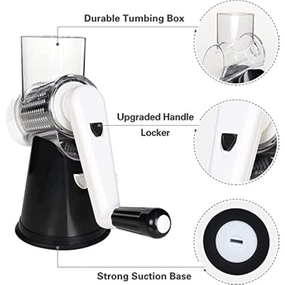 Ourokhome Rotary Cheese Grater Vegetable Slicer - Rotary Round Drum Grater Chopper with 3 Stainless Steel Drums Strong Suction Base (Black)