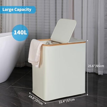 efluky 140L Laundry Baskets with Lid 2 Compartments, Large Laundry Hamper, Double Laundry Basket Storage with 2 Removable Bags, Beige