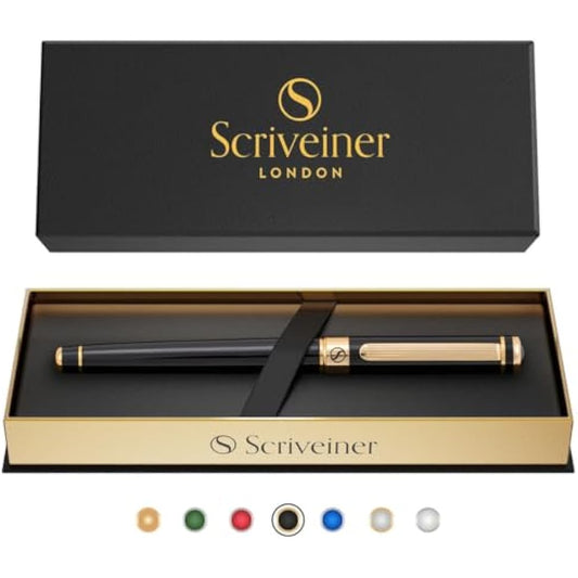 Scriveiner Black Lacquer Rollerball Pen - Multi Award Winning Luxury Rollerball Real Gold Plating, Schmidt Refill, Quality Executive Writing Pen for the Office, Journaling or Gift Set for Men & Women