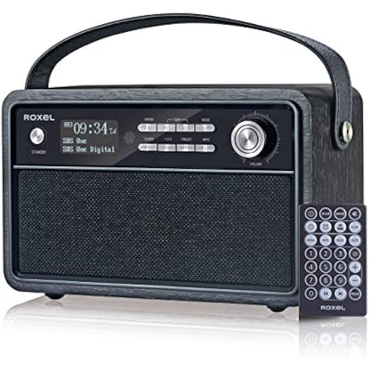 Roxel Retro D1 Vintage DAB+/FM Radio Wireless Speaker | Bedside Alarm Clock with Sleep Function. Rustic Exterior, Mains and USB Rechargeable, TF card, AUX and USB Compatible (Black)