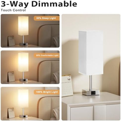 Aooshine Touch Control Bedside Lamps Set of 2, 3-Way Dimmable Table Lamp with USB-C+A Charging Ports, Bed Side Lamps for Bedroom with White Fabric Shade(Bulbs Included)