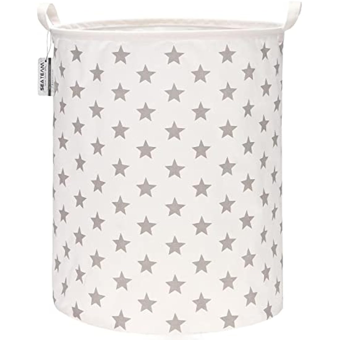 Sea Team 19.7 Inch Large Sized Waterproof Coating Ramie Cotton Fabric Folding Laundry Hamper Bucket Cylindric Burlap Canvas Storage Basket with Stylish Grey Stars Design