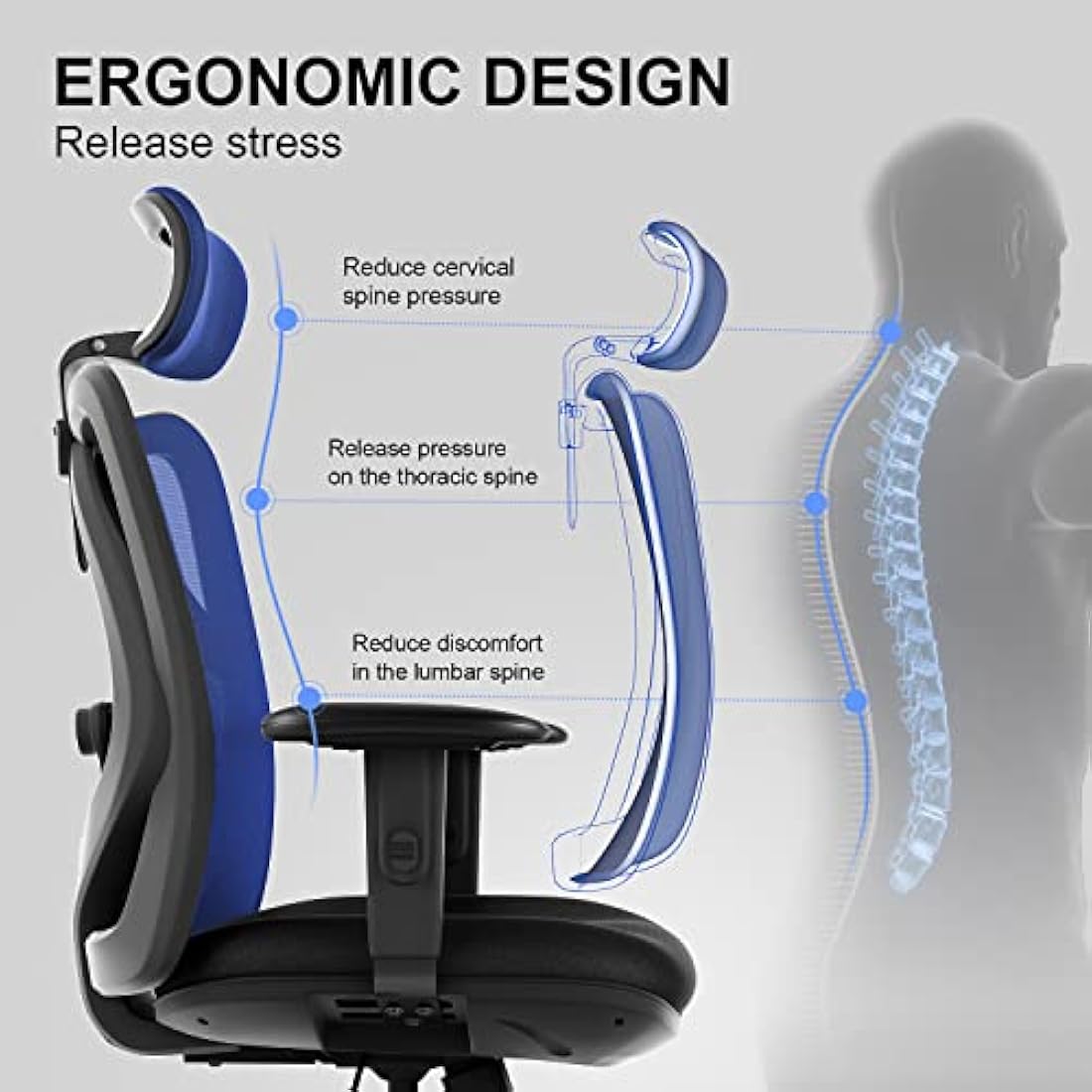 SIHOO M18 Office Chair Ergonomic Desk Chair, Breathable Mesh Design High Back Computer Chair, Adjustable Headrest and Lumbar Support, Upgraded to Rollerblade Wheels (Black)