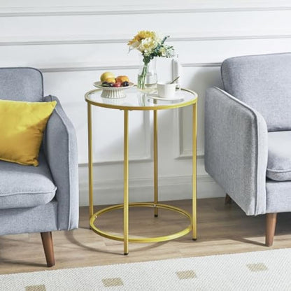 YMYNY Round Side Table, 2 Tier Accent Table, Tempered Glass End Table, Small Coffee Table, Sofa Table, Bedside Table, Modern Style, for Living Room, Bedroom, Balcony 50×50×65CM Gold HGD020G