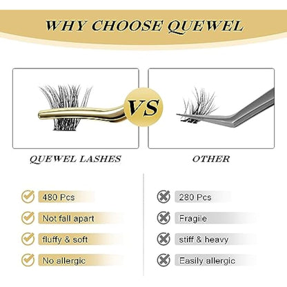 Cluster Lashes 480 Pcs QUEWEL Individual Eyelashes MIX10-18 D Curl DIY Lash Extensions Thin Band Lash Clusters Eyelashes Individual Volume False Eyelashes Soft & Light For Home Use（honey01 D MIX10-18）