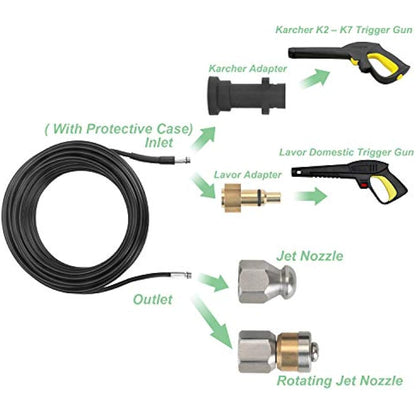 STYDDI Pressure Washer Drain Pipe Hose Cleaning Kit for Karcher K2-K7 Series and LAVOR Pressure Washer, with Jet Nozzle and Rotating Jet Nozzle, 30 M, 180 Bar