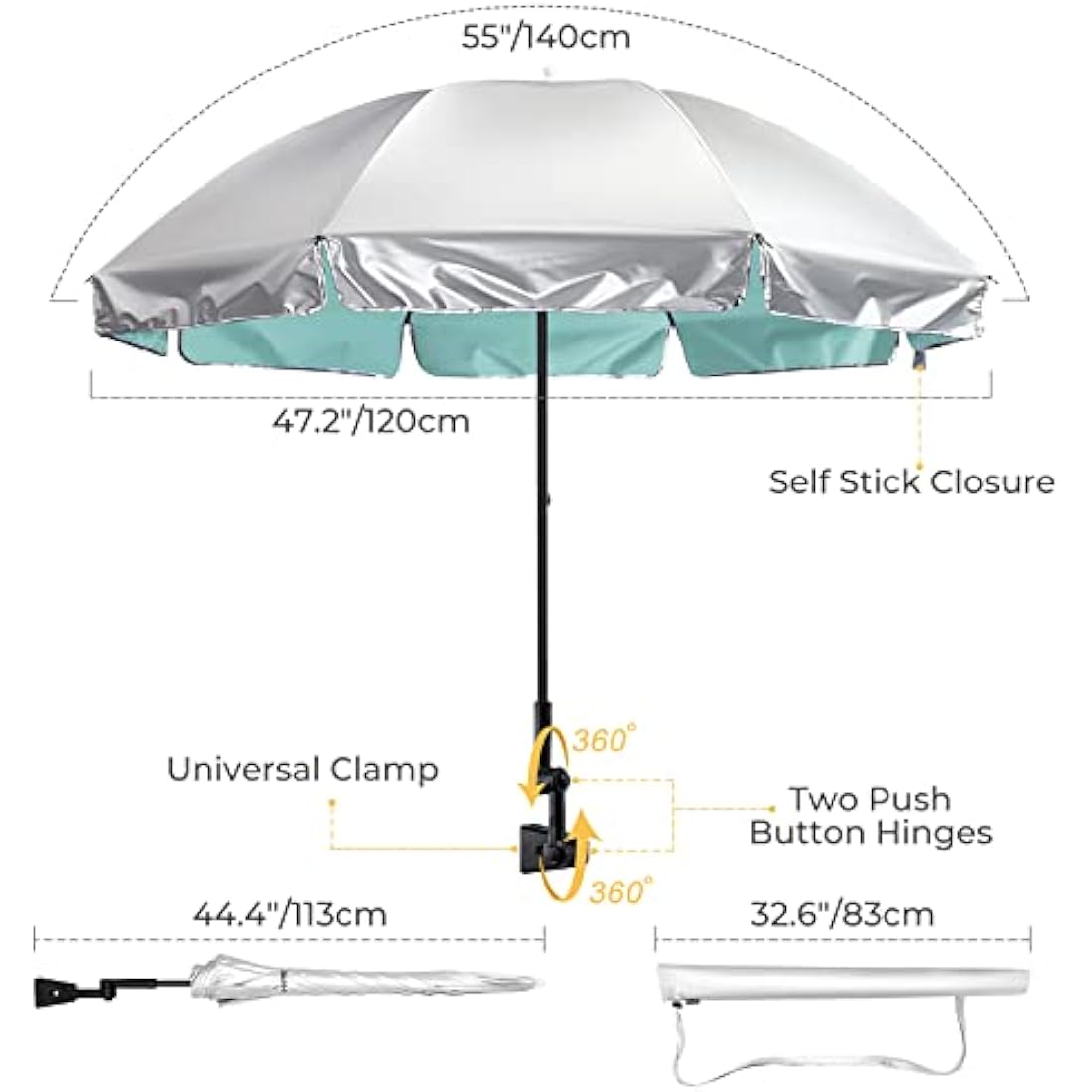 G4Free UPF 50+ Universal Clamp On Umbrella Adjustable Outdoor UV Protection Beach Chair Umbrella for Strollers, Wheelchairs, Patio Chairs, Golf Carts and Beach