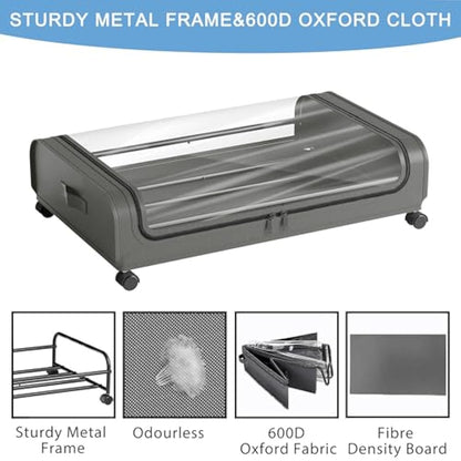 2 Pack Under Bed Storage with Wheels Lid 48L Rolling Metal Frame Underbed Containers Clear Window Storage Bag Box Organization Home Bedroom Organizer Drawer Bin for Clothes Shoes Toys Blankets Grey