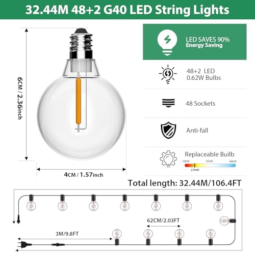 FIFlying Outdoor String Lights, 32.7M/107.3FT Outdoor Lights Mains Powered with 50+3 Shatterproof Bulbs, IP54 Waterproof Garden String Lights Festoon Lights for Garden Backyard Patio Wedding Party
