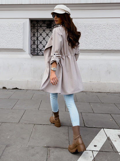 Fashion Suit Collar Drawstring Mid-length Trench Coat
