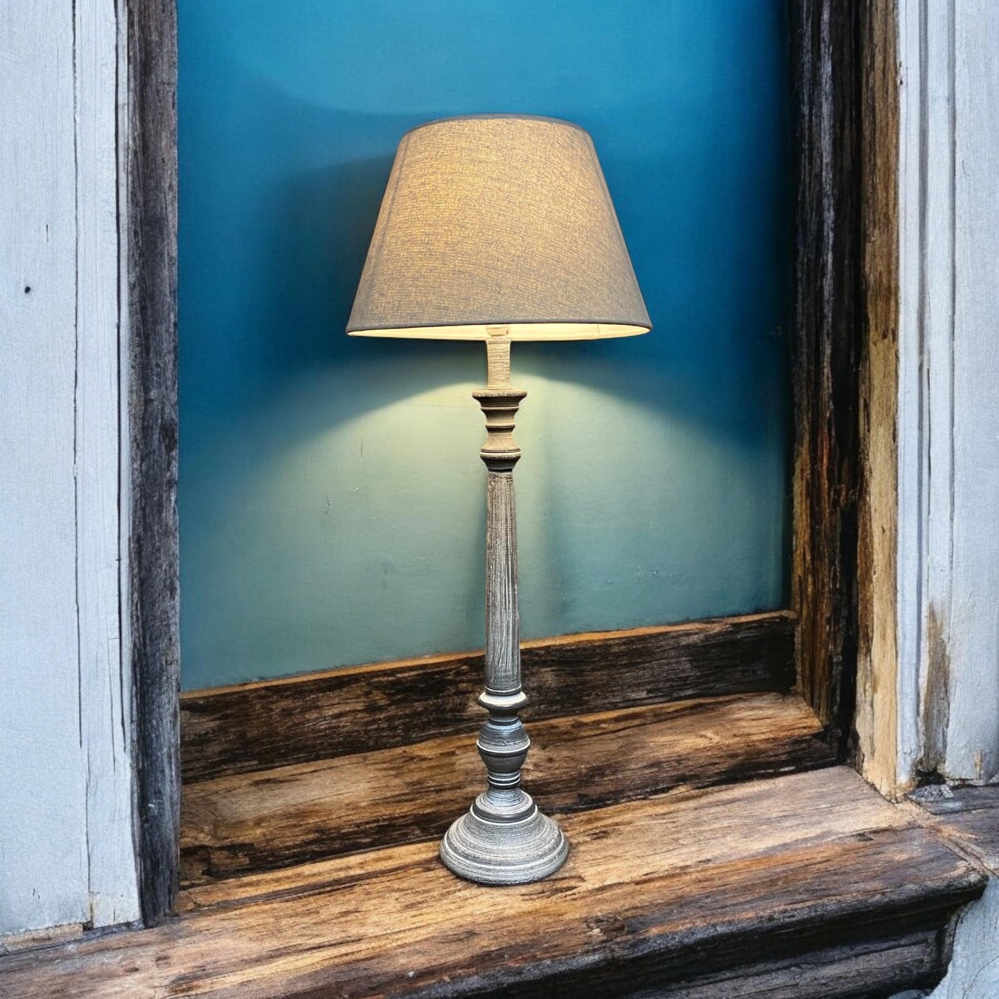 AcaciaHome Stylish & Elegant Tall Wooden Grey Washed 60 cm Table Lamp with Taupe Linen Shade – Energy-Efficient E27 Bulb with Shabby Chic Lighting for Bedroom, Living Room & Office